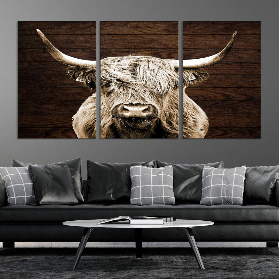 Highland Cow Wall Art Canvas Print, Rustic Farmhouse Decor, Majestic Scottish Highland Bull Portrait for Living Room – Ready to Hang