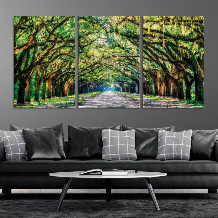 Serene Tree Tunnel Wall Art Canvas Print – Pathway Under Canopy of Lush Green Trees, Nature-Inspired Decor for Living Room – Ready to Hang