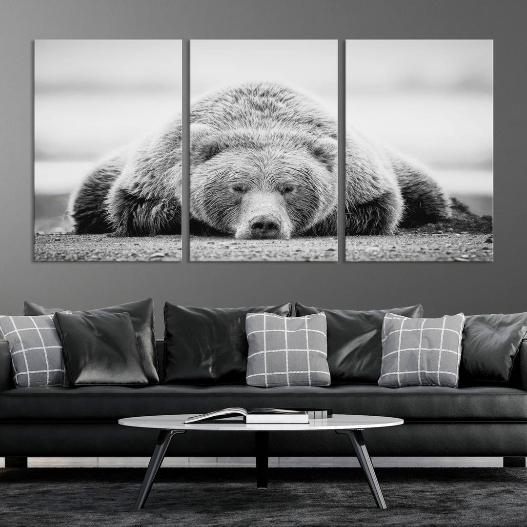 Resting Bear Wall Art Canvas Print – Majestic Lazy Black and White Wildlife Bear Art, Perfect for Nature-Inspired Home Decor – Ready to Hang