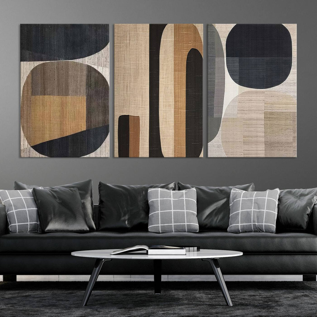 A stylish living room exuding modern elegance features the Abstract Minimalist Canvas Wall Art in a neutral geometric design.