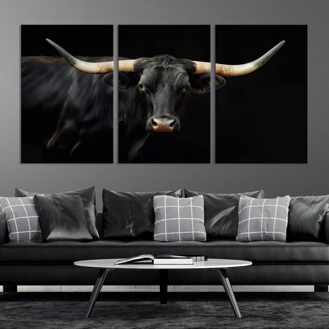 Texas Longhorn Cow | Majestic Black Bull Wall Art Canvas Print - Farmhouse Animal Decor - Ready to Hang