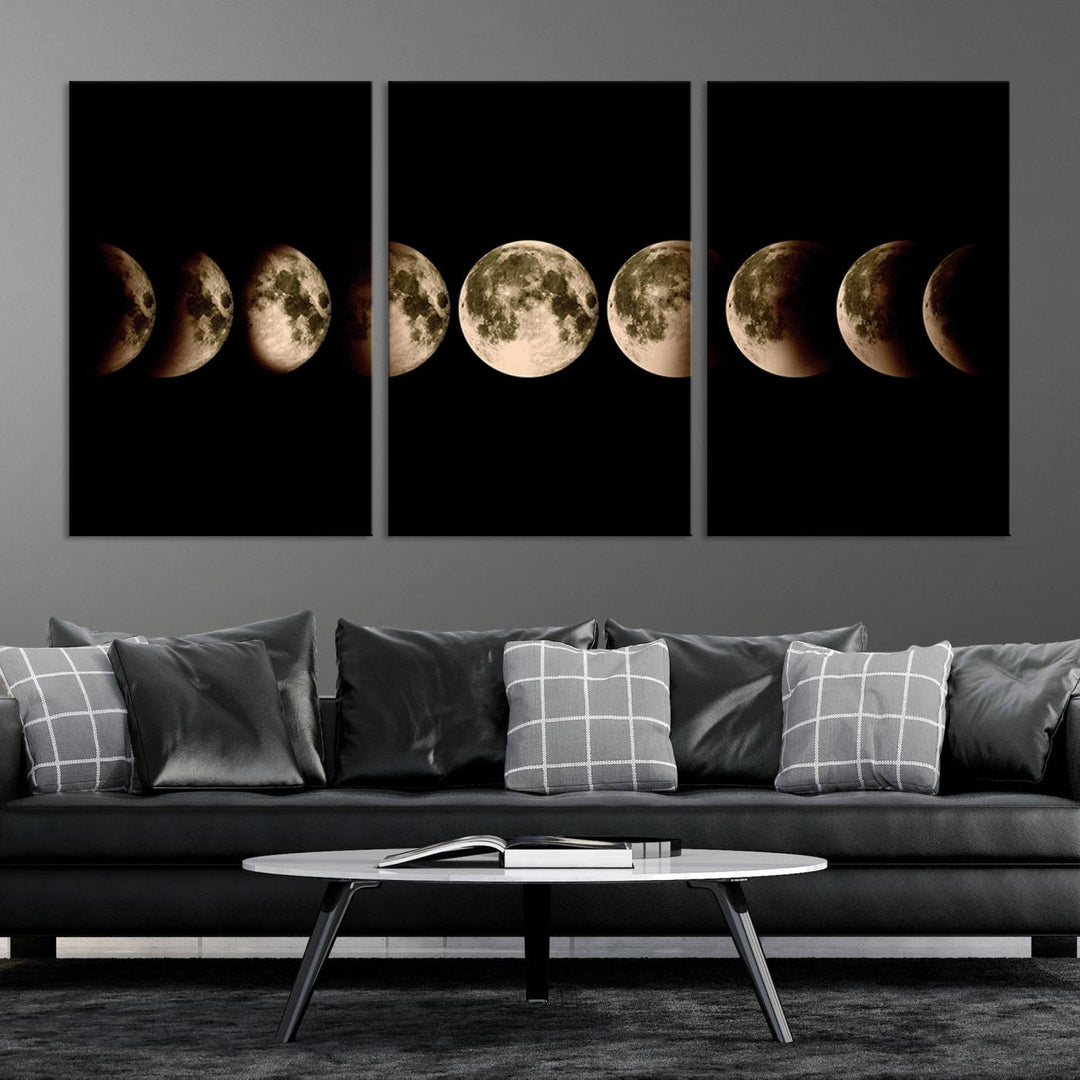 The "Phases of the Moon Wall Art" canvas print elegantly hangs on the wall.