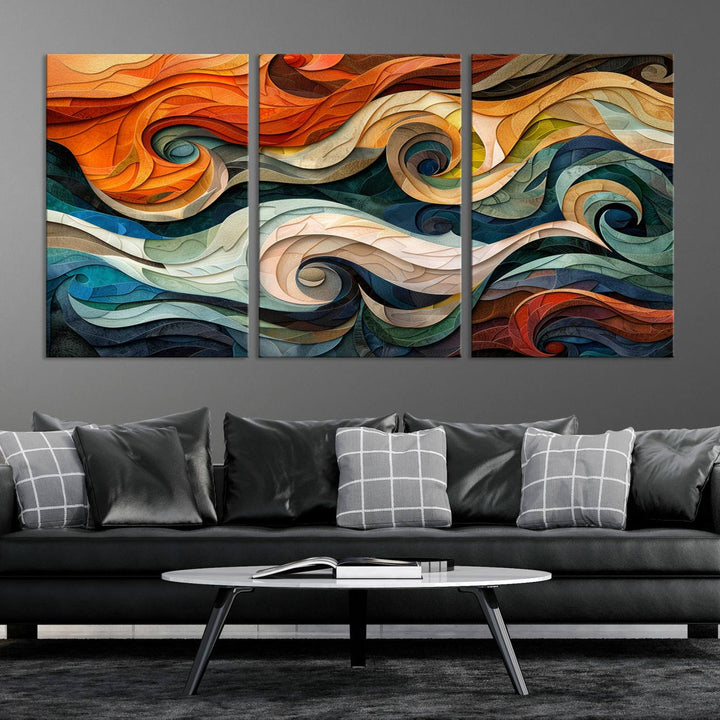 Abstract Wave Wall Art is a ready-to-hang framed canvas print featuring swirling orange, blue, and white patterns. It's perfect for adding vibrant decor to modern spaces.