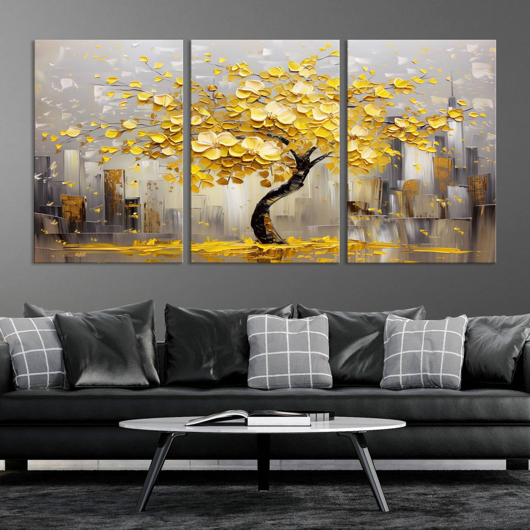 A framed canvas print from the "Golden Tree Canvas Print | Abstract Wall Art for Modern Homes | Ready to Hang Framed Artwork" collection hangs elegantly against the dark wall, epitomizing exquisite abstract wall art.