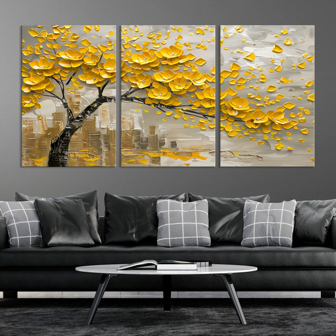 Yellow Blossom Tree Canvas Wall Art, featuring a floral abstract modern design, is elegantly displayed against a dark wall. This sophisticated piece enhances the contemporary aesthetic of the space.