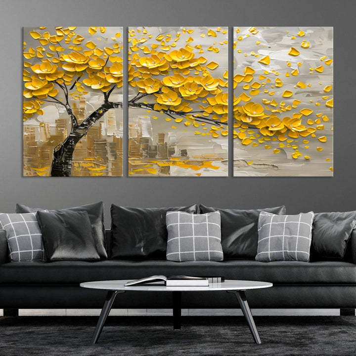 The living room showcases a Yellow Blossom Tree Canvas Wall Art, modern and floral.