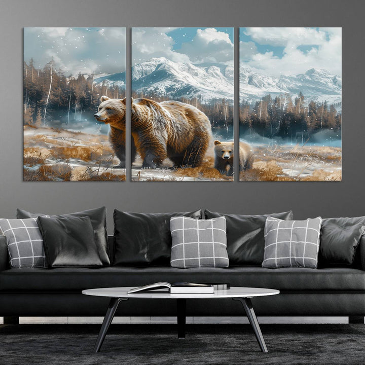 The modern living room features a Bear and Baby Bear Wall Art Canvas Print depicting a snowy mountain landscape, making it a stunning visual piece and a meaningful gift idea.