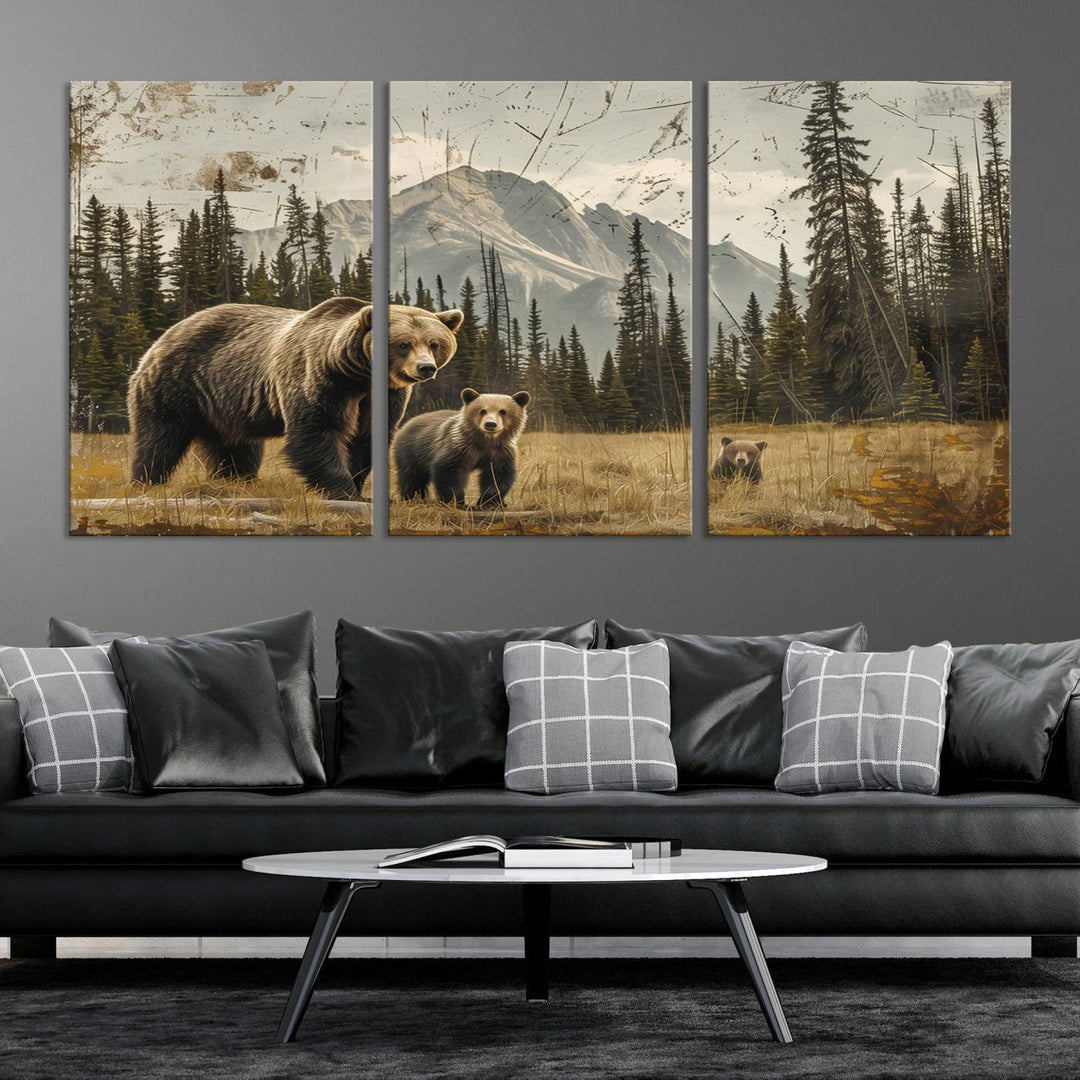 Displaying the Rustic Grizzly 399 Bear Family Wall Art Canvas Print in a modern living space adds remarkable charm. This triptych piece showcases a bear family in the forest, printed on museum-quality canvas and ready to hang, seamlessly enhancing your decor with its striking detail and elegance.