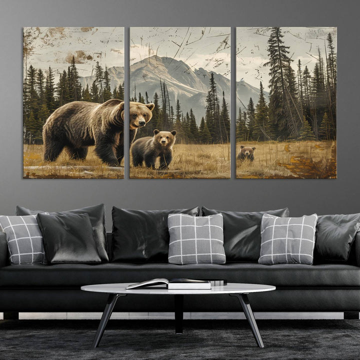 Rustic Grizzly 399: Bear Family Wall Art Canvas Print.