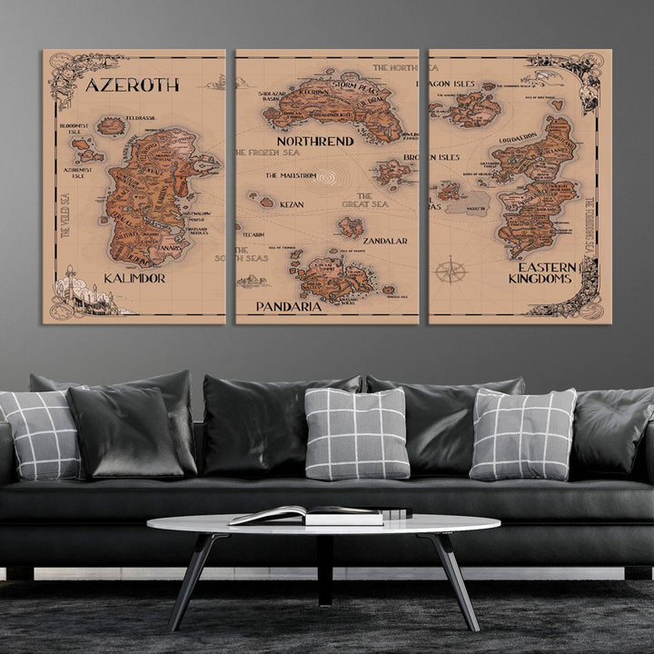 The Vintage Azeroth World Map Canvas Print, a stunning three-piece set, enhances the space with its vintage charm, perfectly complementing your gaming decor.