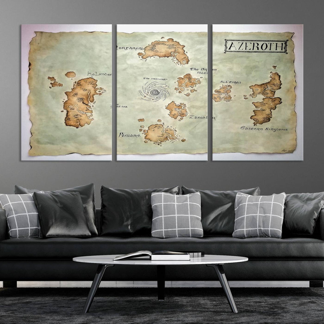 The Azeroth World Map Wall Art Canvas Print, a three-panel vintage piece, brings a cozy fantasy gaming atmosphere to the room.