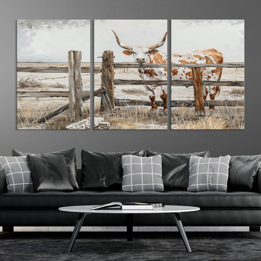 The Abstract Longhorn Cow Wall Art, a ready-to-hang framed canvas print, adds rustic charm and perfectly captures the essence of rural elegance.