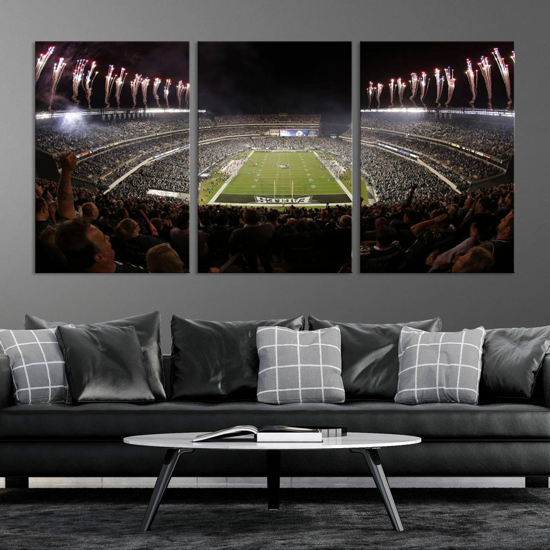 The living room features a spectacular Philadelphia Eagles Football Team Print. This wall art canvas print of Lincoln Financial Field at night captures a Philadelphia Eagles game under the dazzling brilliance of fireworks, making it an eye-catching centerpiece.