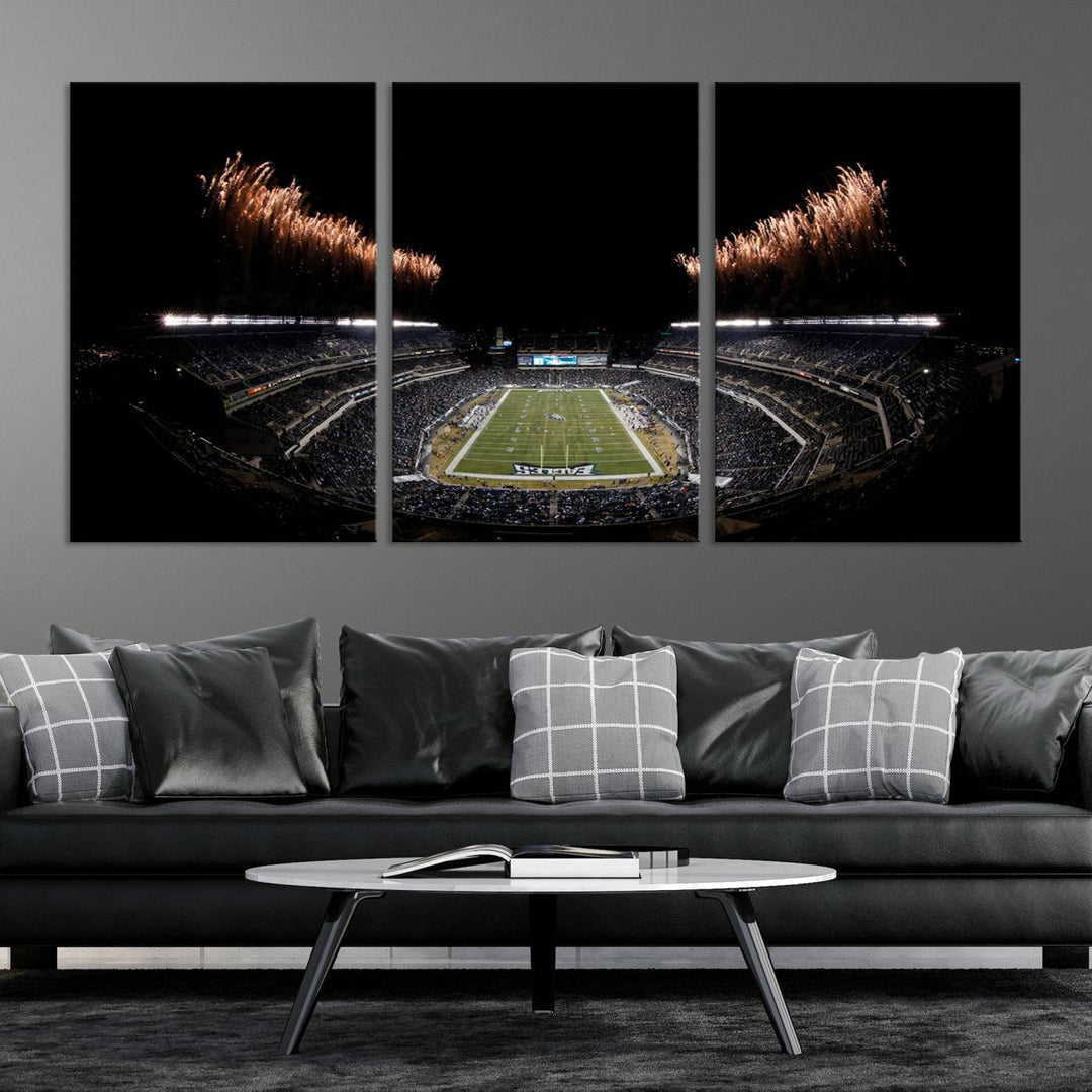 Eagles Stadium Wall Art depicting a nighttime game and fireworks at Lincoln Financial Field.