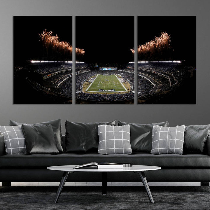 A stunning triptych wall art featuring the Philadelphia Eagles Football Team Print, capturing Lincoln Financial Field with spectacular fireworks.