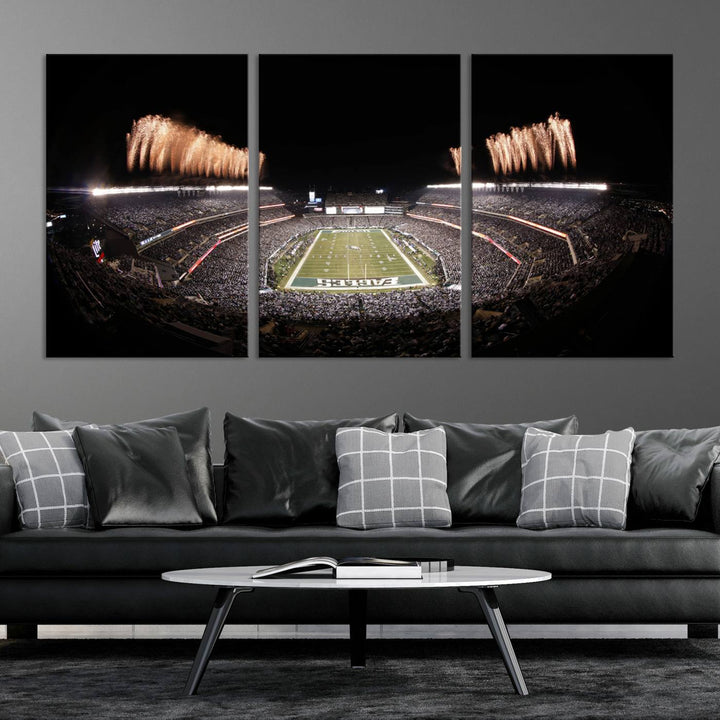 Experience the breathtaking Lincoln Financial Field Fireworks Game captured in this triple canvas wall art. A must-have for any Philadelphia Eagles fan!