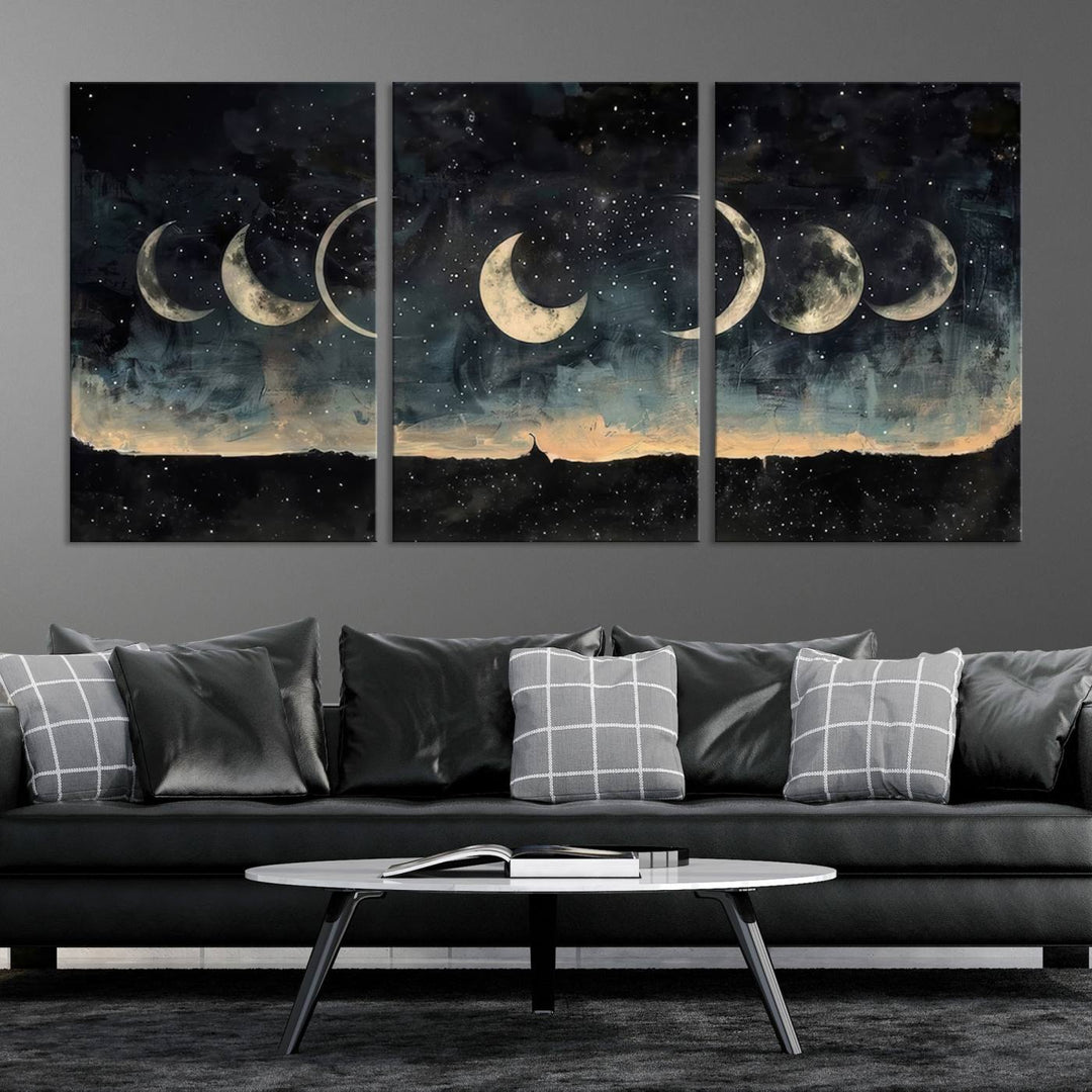 The "Phases of the Moon Wall Art," a framed canvas series capturing the celestial beauty of lunar cycles against a starry night, adds an elegant touch to the contemporary dining room.