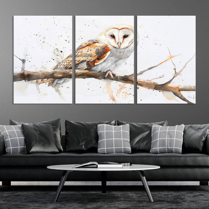 Introduce the tranquility of nature into your home with this stunning canvas print, featuring a Barn Owl on a branch. This triptych wall art, ready to hang and elegantly framed, is perfect for nature lovers seeking serene decor pieces.