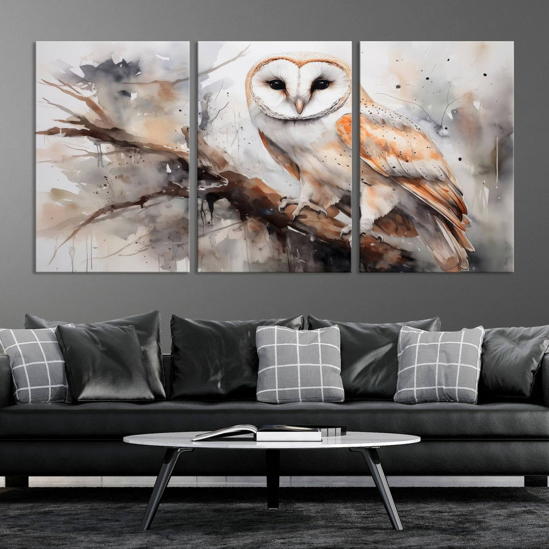 The Barn Owl Wall Art watercolor canvas adds a rustic twist to farmhouse decor.