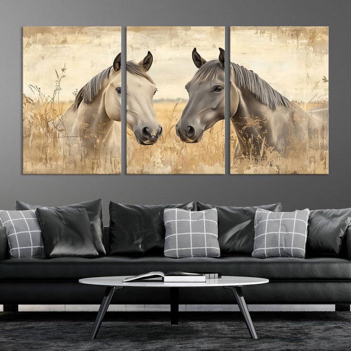 The "Chinese Ink Style Grunge Horses Wall Art Canvas Print," featuring two horses in a field, hangs prominently, highlighting its museum-quality canvas and high-resolution printing.