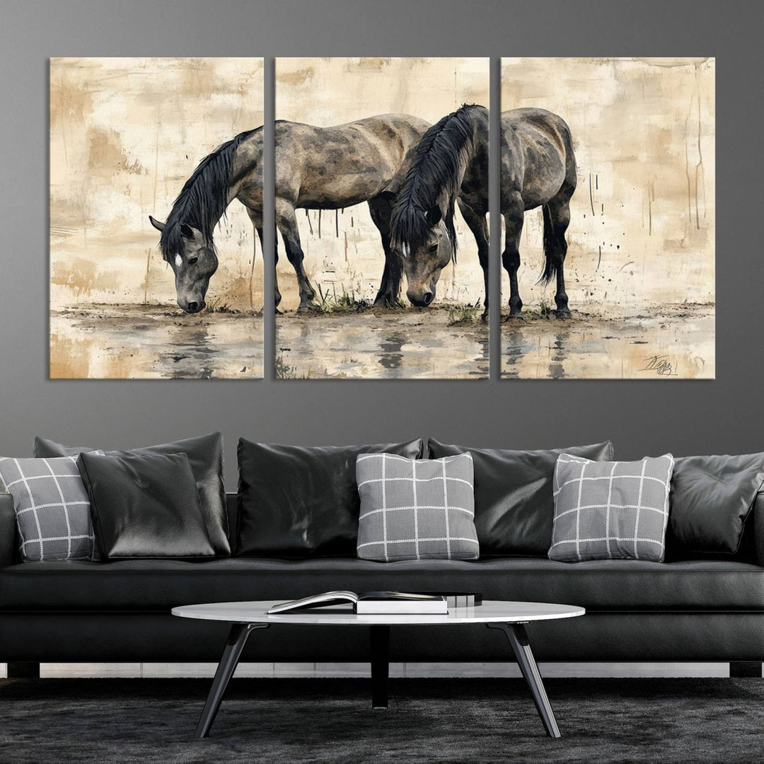 Chines Ink Style Black Horses Wall Art Canvas Print features a triptych painting of two horses drinking at the water's edge.