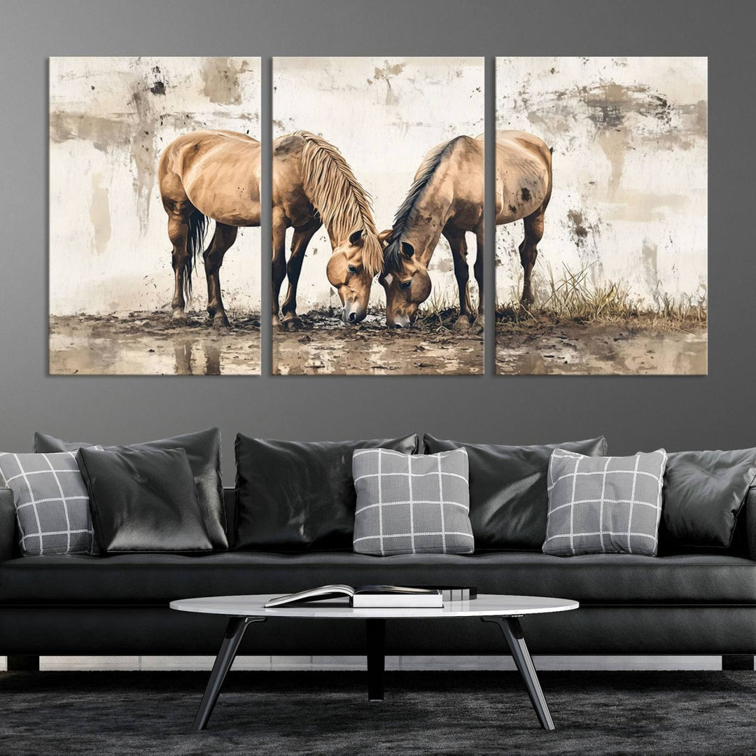 The Vintage Horses Wall Art, a ready-to-hang and framed triptych, beautifully captures two horses gracefully grazing. It perfectly complements the rustic charm of western farmhouse wall decor.