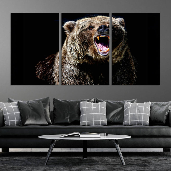 The Grizzly Bear Canvas Print, featuring wildlife wall art on a black background, is ready to hang and is perfect for rustic cabin decor.