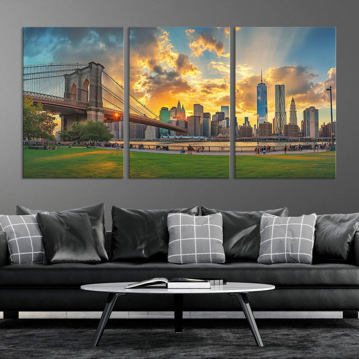 The "Brooklyn Bridge New York Skyline Wall Art" is a ready-to-hang framed canvas print that beautifully captures the cityscape at sunset, showcasing the iconic Brooklyn Bridge and majestic skyscrapers.