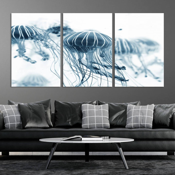 The Abstract Jellyfish Wall Art Canvas Print, a three-panel piece featuring high-resolution printing, hangs elegantly in the room, adding vibrant detail to the space.