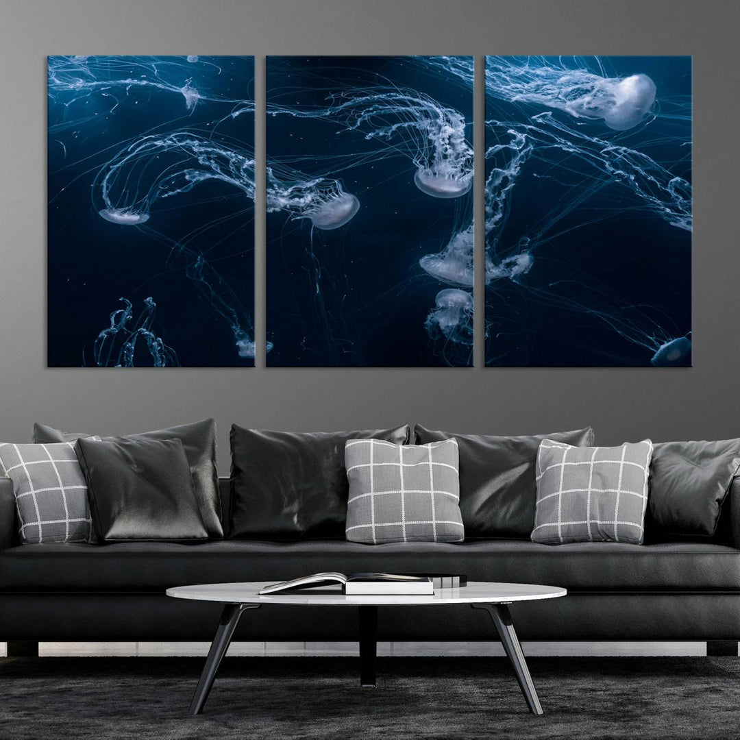 Room with modern decor, featuring the Abstract Jellyfish in Ocean Wall Art Canvas Print on museum-quality canvas.