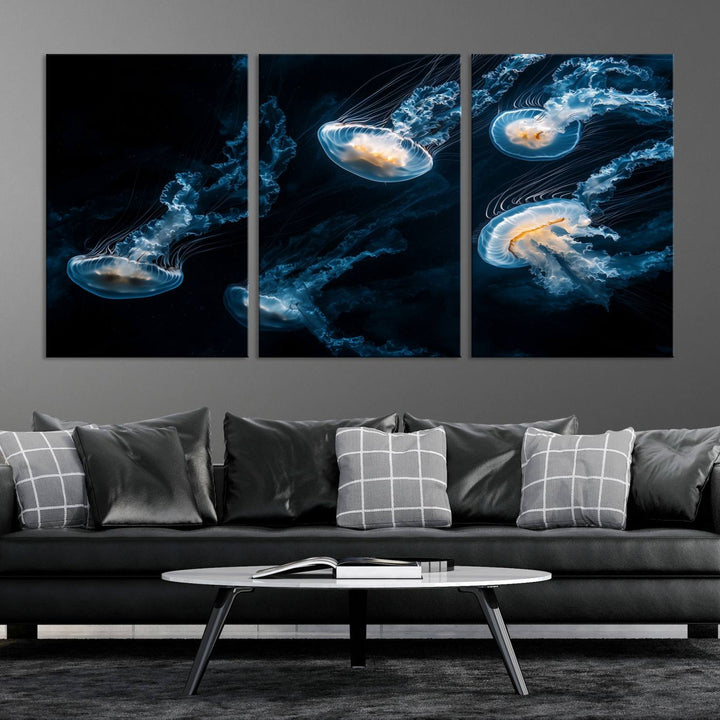 The "Jellyfish Wall Art Canvas Print," featuring a sea-themed design of glowing jellyfish, is displayed in high-resolution on museum-quality canvas.