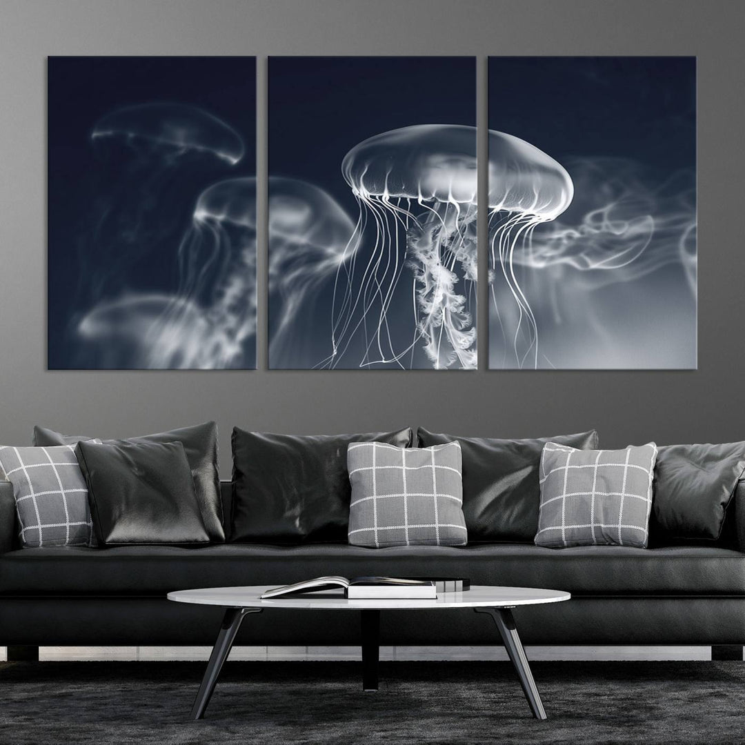 A stunning Jellyfish Wall Art Canvas Print showcases museum-quality canvas through high-resolution printing.