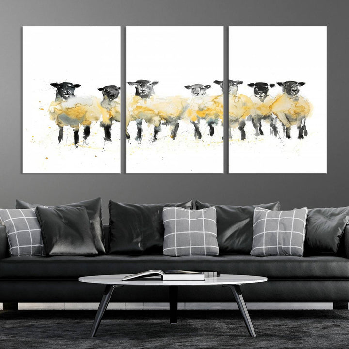 The Farmhouse Wall Art Sheep Print, ready to hang as a framed canvas, adorns the black wall, adding a hint of rustic barn decor.