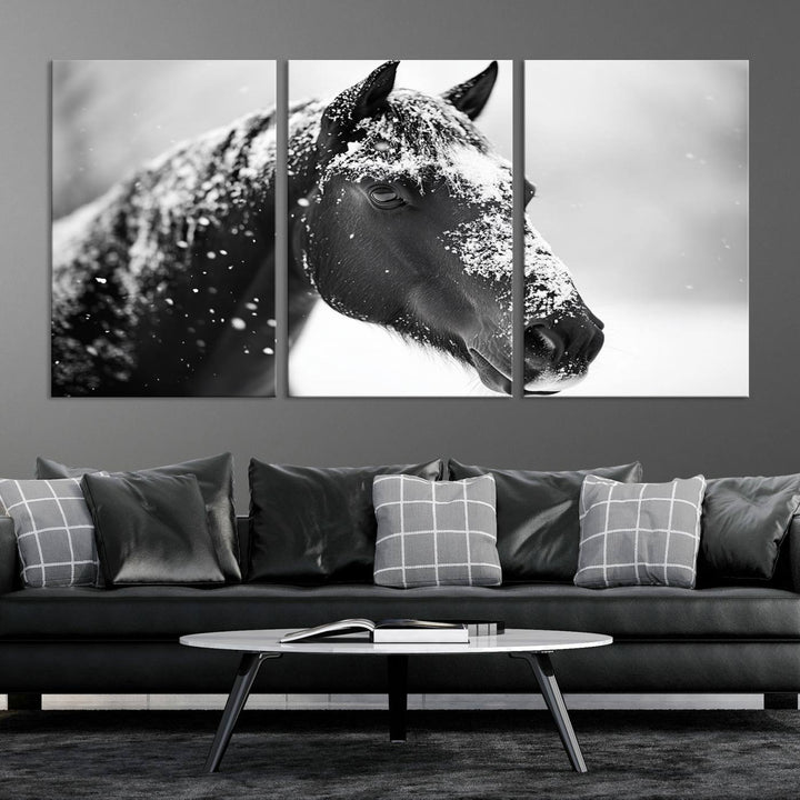 A set of Winter Horse Snow Wall Art Canvas Prints hangs, creating the perfect touch of Rustic Cabin Decor.