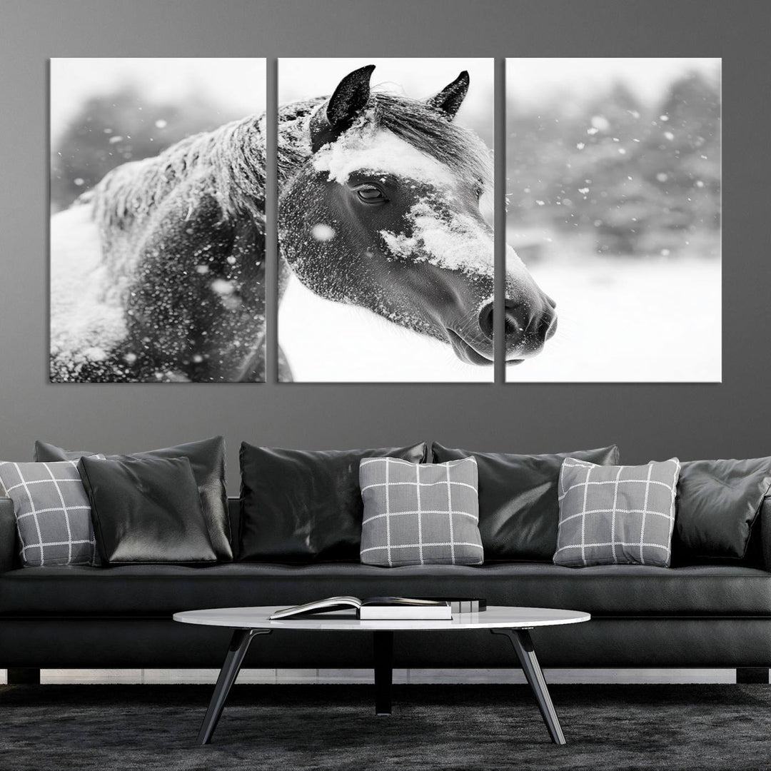 The Black Horse Winter Wall Art, framed and ready to hang, is beautifully displayed as farmhouse and western wall decor.