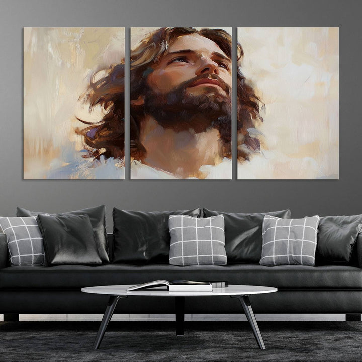 The "Jesus Christ Portrait Wall Art," a ready-to-hang and framed canvas print, features a bearded man with long hair looking upward, creating an inspirational spiritual atmosphere.