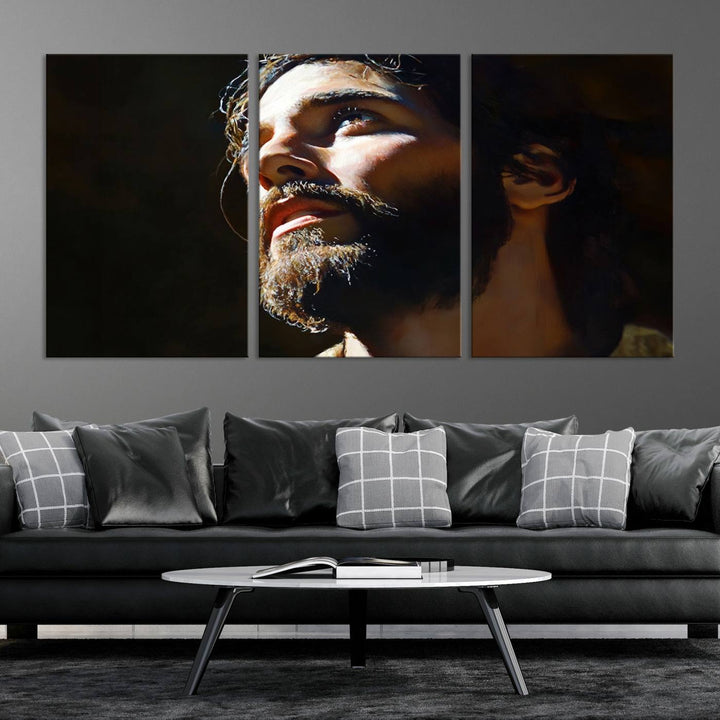 The Jesus Portrait Wall Art Canvas Print features a thoughtful depiction of Jesus Christ in an oil painting style, adding an inspirational religious touch to the decor.