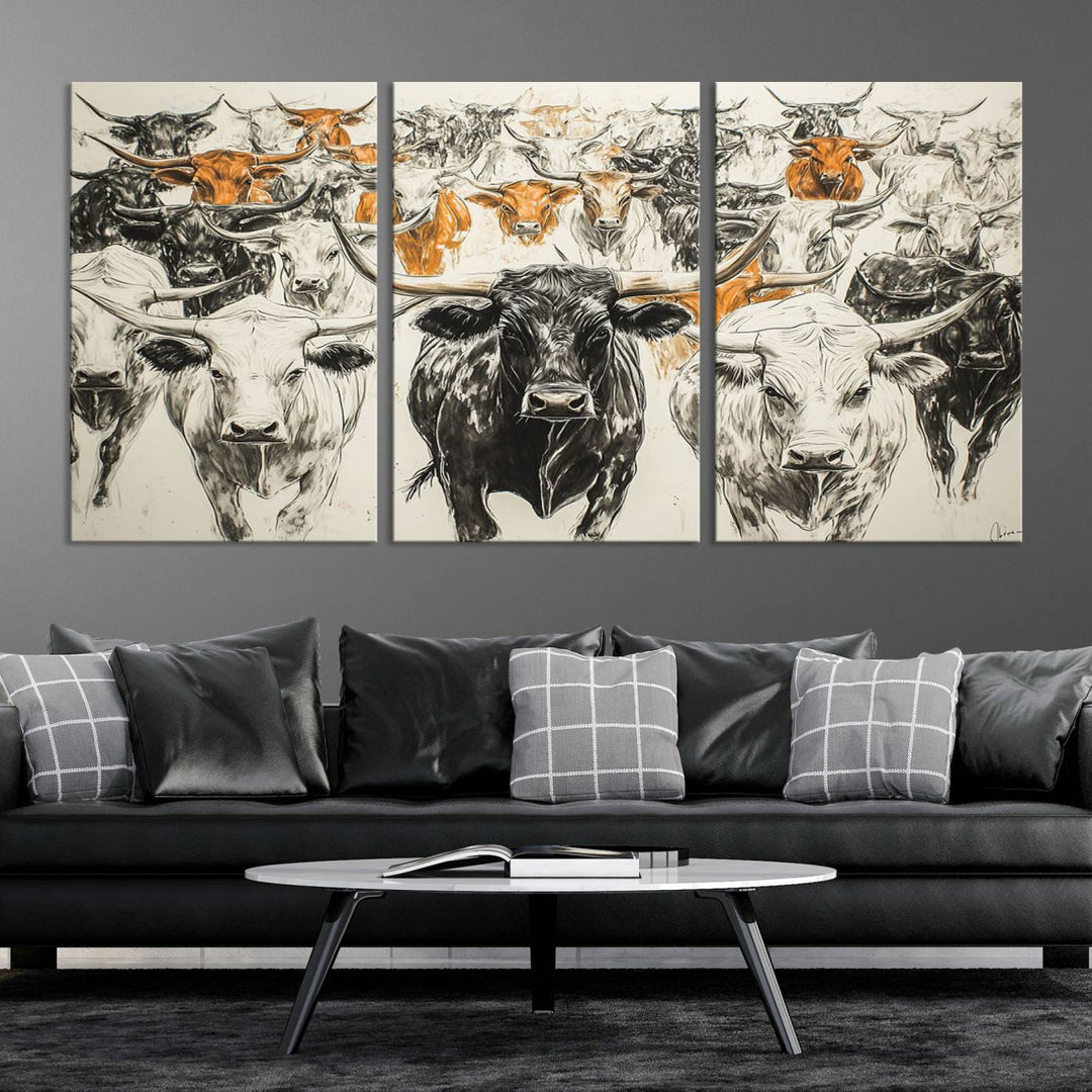 This exquisite farmhouse wall art, titled "Western Longhorn Cattle Canvas Print," showcases a majestic herd of longhorn cattle in a three-panel design. This ready-to-hang and framed barn decor infuses your space with rustic charm.