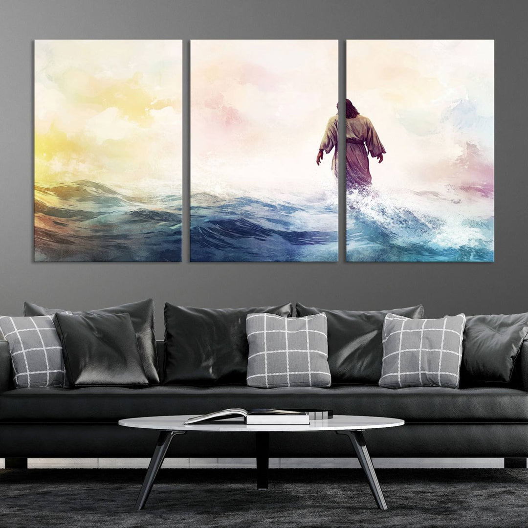 Watercolor Jesus Walking on Water Canvas Print, Christian Wall Art, Jesus Christ Walking