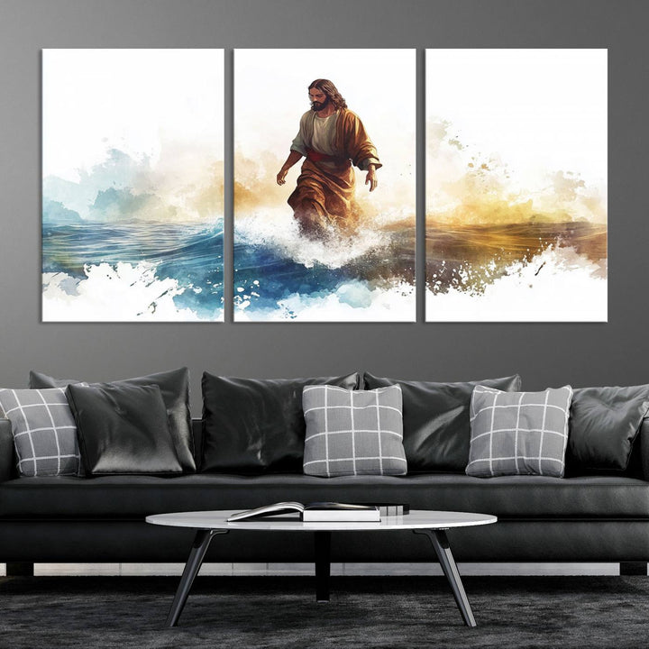 Watercolor Jesus Walking on Water Canvas Print, Christian Wall Art, Jesus Christ Walking