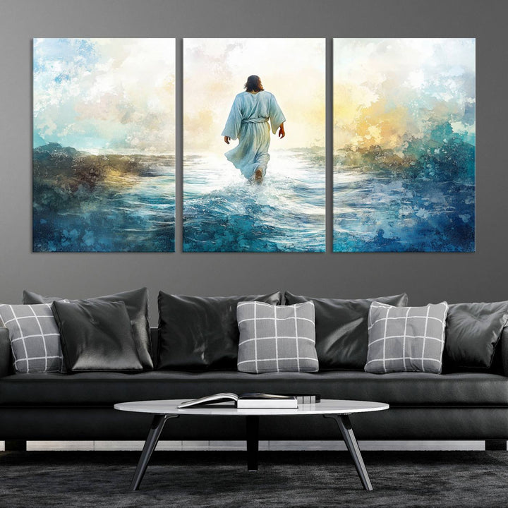 Watercolor Jesus Walking on Water Canvas Print, Christian Wall Art, Jesus Christ Walking