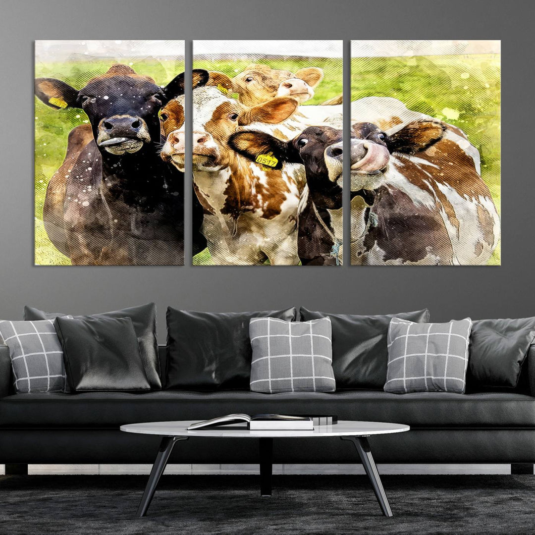 A charming triptych featuring the "Curious Cows Farmhouse Wall Art," a ready-to-hang and framed canvas print, adds a touch of rustic farm decor to the space.