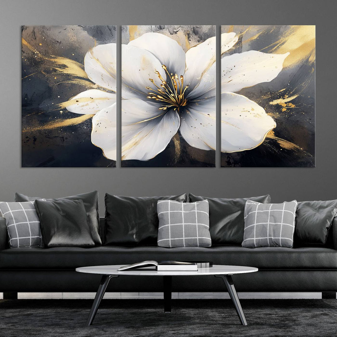 White Flower Wall Art | Canvas Print | Ready to Hang | Abstract Floral Wall Decor | Elegant Bloom Artwork | Framed for Living Room or Bedroom