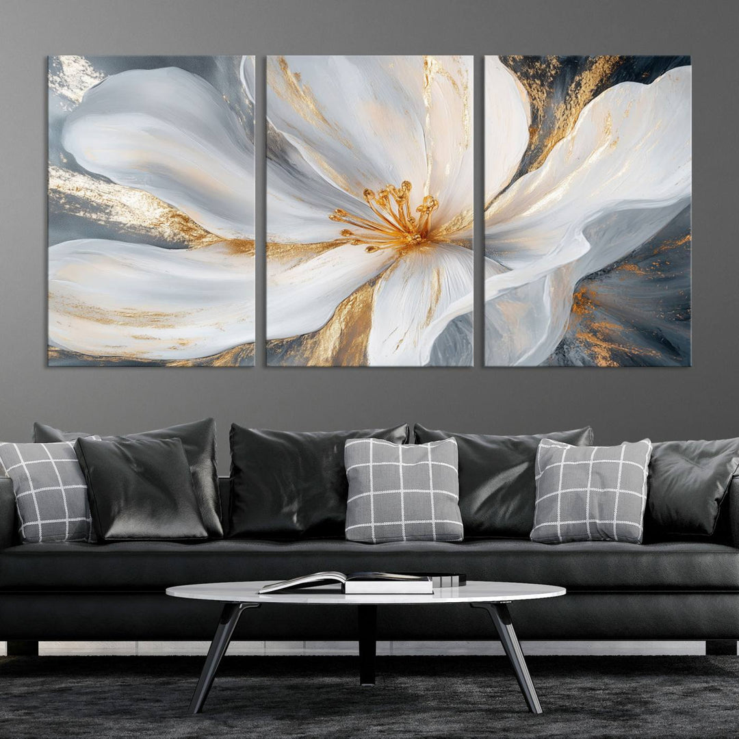 White and Gold Floral Canvas Wall Art - Framed and Ready to Hang - Perfect for Modern Living Rooms