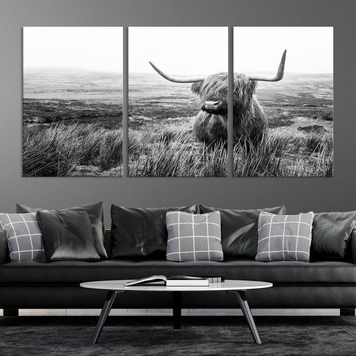 Scottish Highland Cow Wall Art | Black and White Canvas Print | Ready to Hang and Framed | Rustic Farmhouse Wall Decor for Living Room or Office