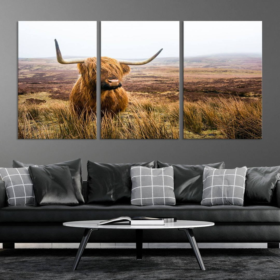 Scottish Highland Cow Wall Art Canvas Print | Ready to Hang and Framed | Rustic Farmhouse Decor for Living Room or Cabin