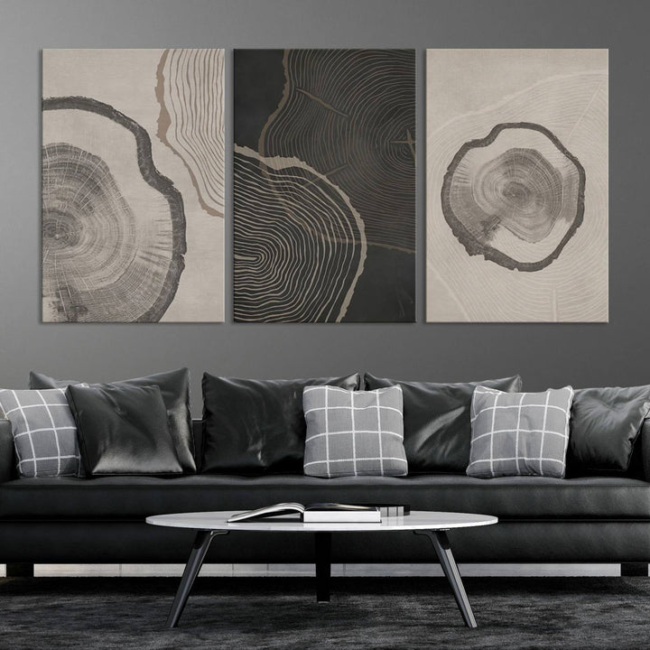 Framed Canvas Wall Art Set Wood Tree Rings Age Abstract Illustrations Prints Modern Art Minimalist Neutral Boho Decor