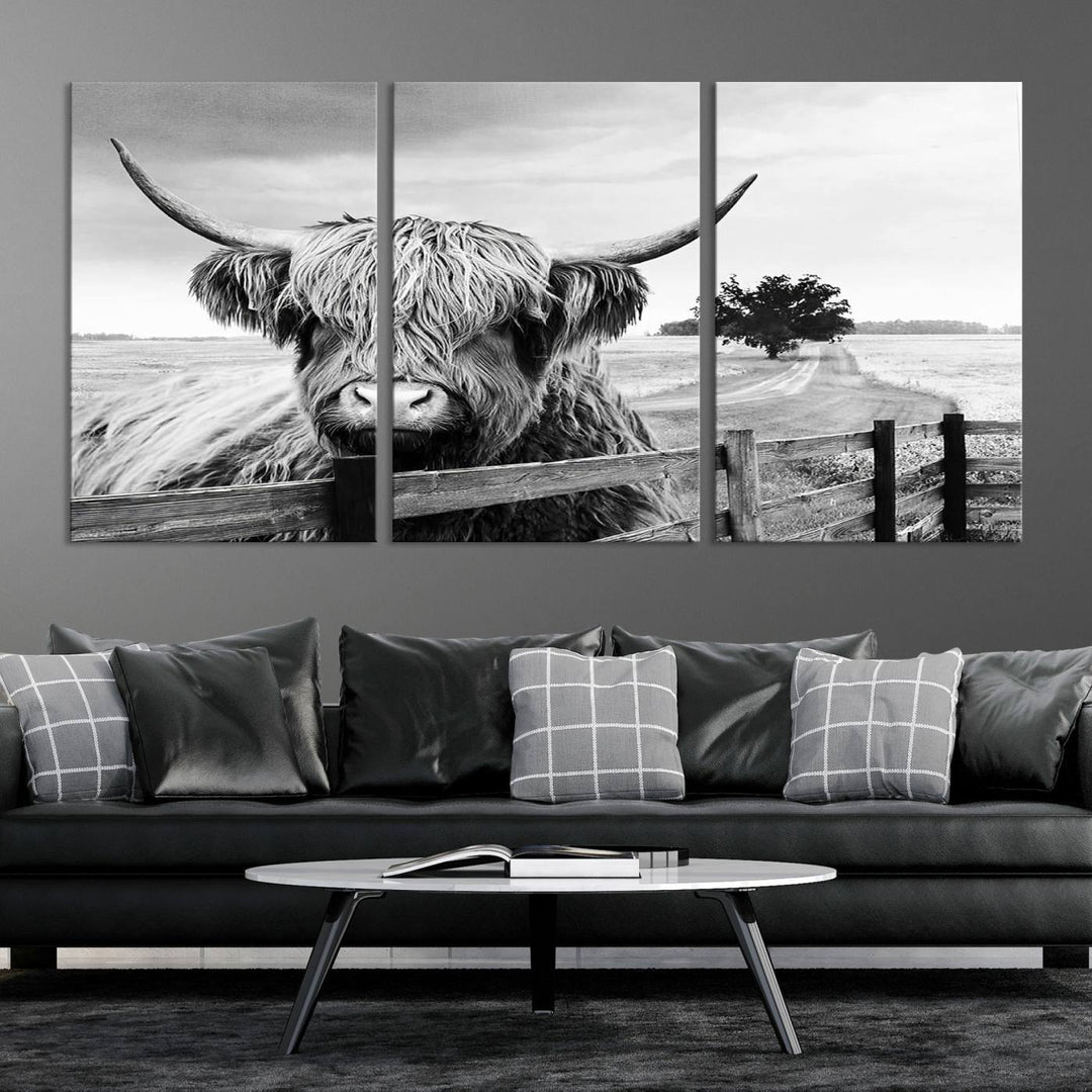 Scottish Highland Cow Wall Art | Rustic Farmhouse Décor | Black and White Ready to Hang Canvas Print