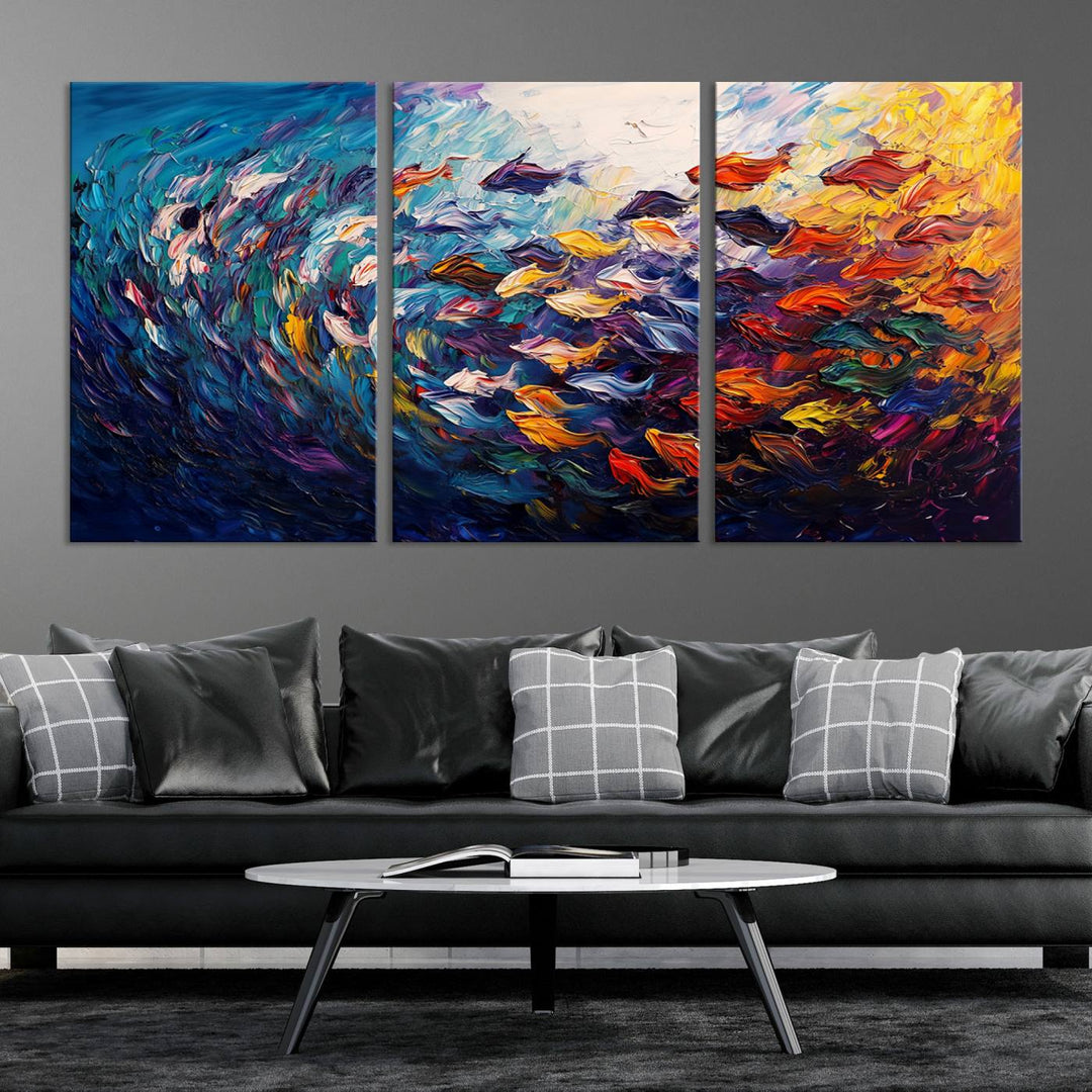 Vibrant Abstract Fish Swarm Art – Colorful Fish Inspired 3-Piece Canvas Wall Art for Living Room or Office – Framed and Ready to Hang