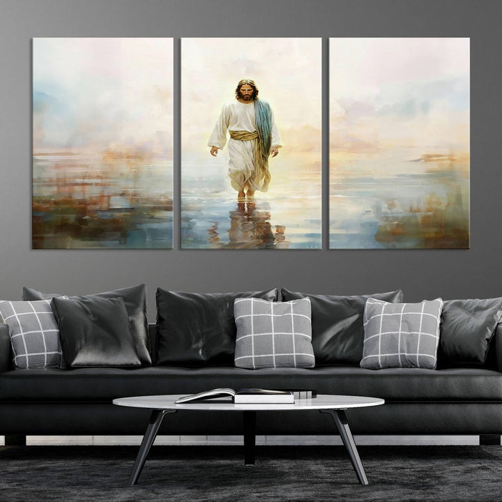 Framed Jesus Walking on Water Wall Art - 3-Panel Christian Canvas Prints, Religious Artwork, Ready to Hang Home Decor for Living Room, Office, or Church